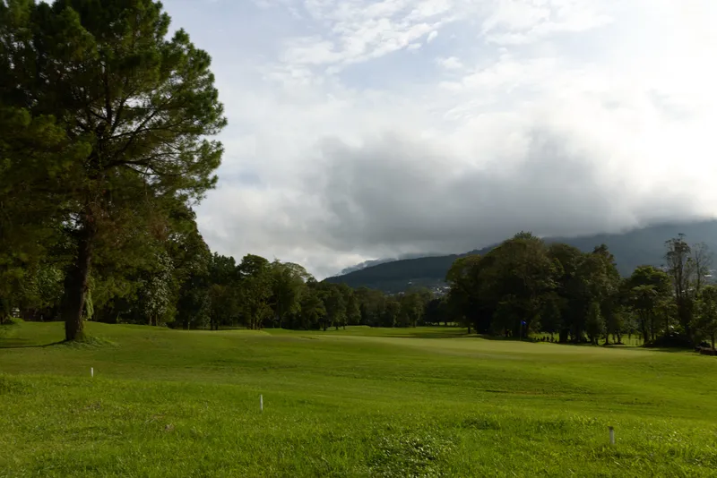 Serene green golf course landscape under a partially cloudy sky with lush trees, perfect for relaxation and outdoor activities in a tranquil setting