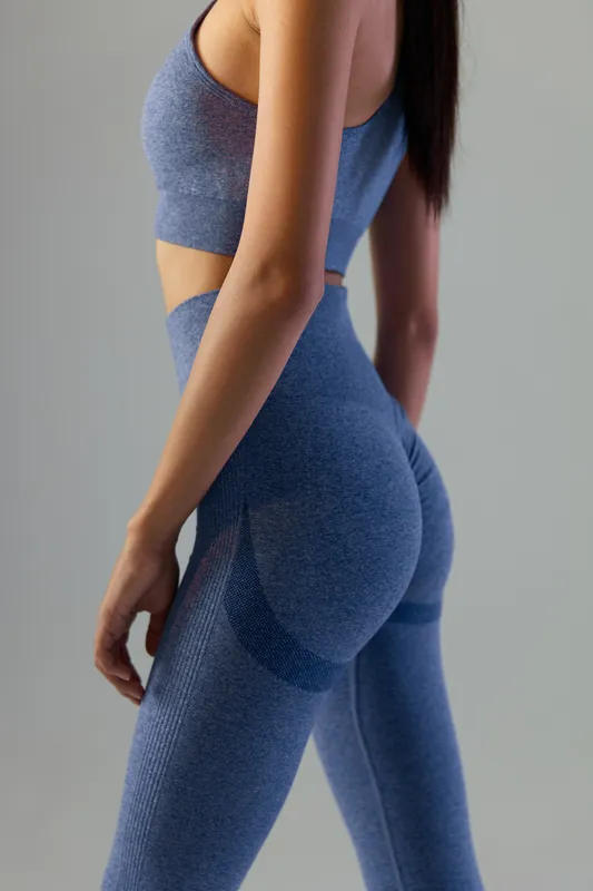 Athletic woman sport fitness wearing blue seamless workout clothes, focused on strength and body contour, healthy lifestyle emphasizing muscle tone and flexibility.