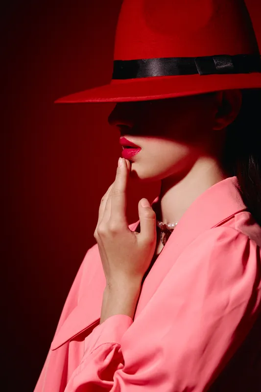 Stylish woman wearing a red hat and pink coat touches her lips with a delicate hand. Dramatic lighting Creates mystery and elegance in fashion and beauty concept.