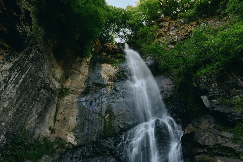 Majestic waterfall cascading down rocky cliffs surrounded by lush green forest, creating a serene and natural landscape full of movement and freshness.