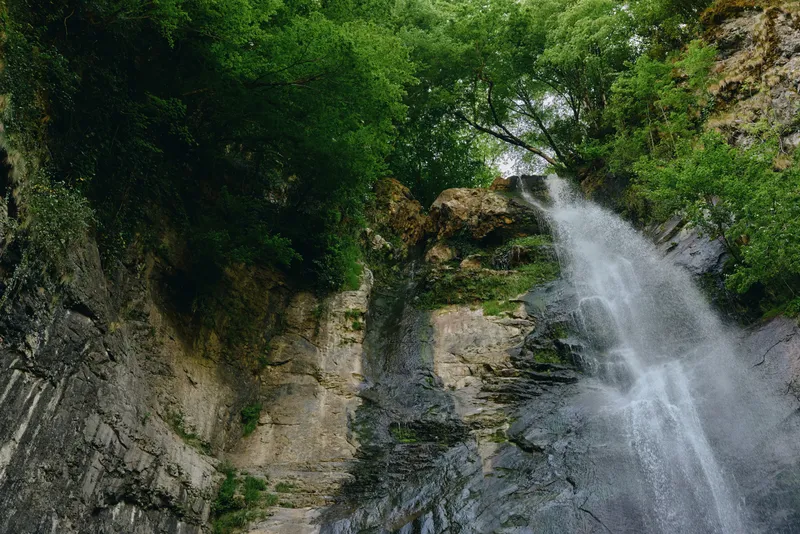 Waterfall cascading down rocky cliffs surrounded by lush green trees under natural daylight, creating a serene and refreshing nature scene.