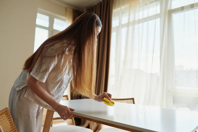 Woman cleaning table with yellow sponge in bright dining room at home, sunlight through curtains, interior scene of household chore, tidy furniture and routine surface maintenance.