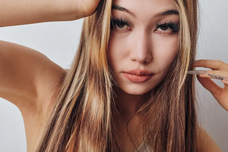 Young woman with long hair and natural makeup poses closeup on light background. Female model with smooth skin and slight smile looking at camera for beauty portrait.