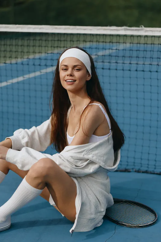 Young female tennis player smiling on the court, wearing sporty outfit with headband, showcasing joy and confidence amidst blue background