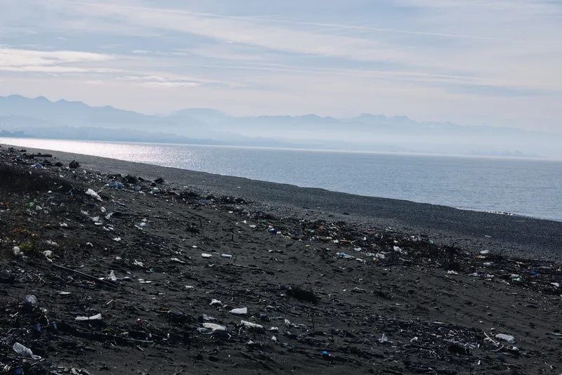 Beach with dark sand and litter along the shoreline, calm sea and distant mountains, highlighting pollution impact and fragile coastline, awareness and call for cleanup for future action