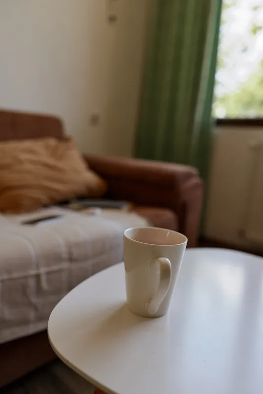 Mug on a round table in a cozy living room, sunlit atmosphere, soft daylight through a window, relaxed home vibe, plush sofa cushions, calm domestic setting