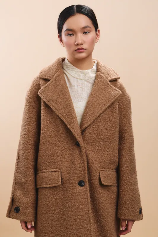 Asian woman wearing a warm brown coat stands against a neutral backdrop, presenting a calm, poised look in a chic winter outfit.