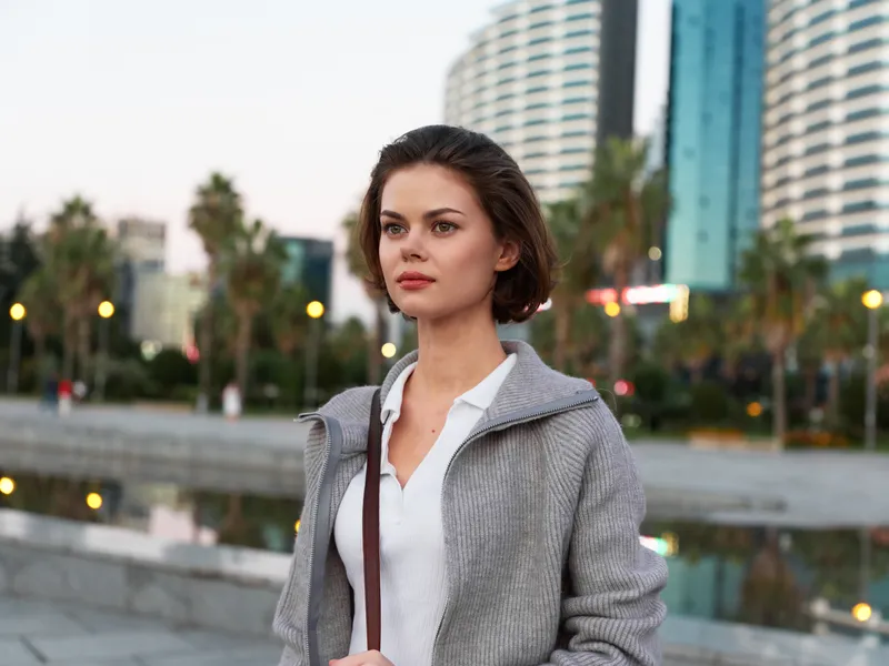 A confident woman stands outdoors in an urban setting, looking ahead with a calm, thoughtful expression near modern buildings and palm trees, evoking contemporary city life and movement.