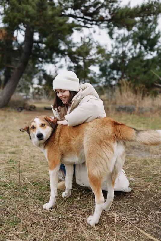 Dog and woman outdoors in winter, cuddling by the park with a cozy coat and warm smile, capturing a tender moment of companionship and nature.