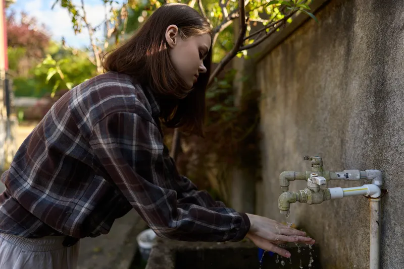 Woman in plaid shirt washes hands at an outdoor faucet in a quiet garden, natural light, everyday lifestyle moment, focused expression, simple routine, calm candid scene, warm afternoon