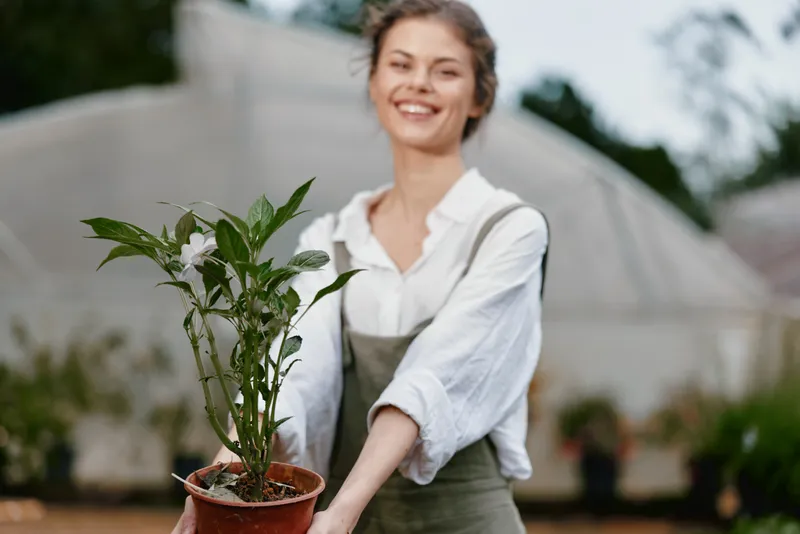 Young woman with a plant in a greenhouse, showcasing her passion for gardening and healthy living, wearing a casual outfit with a joyful expression