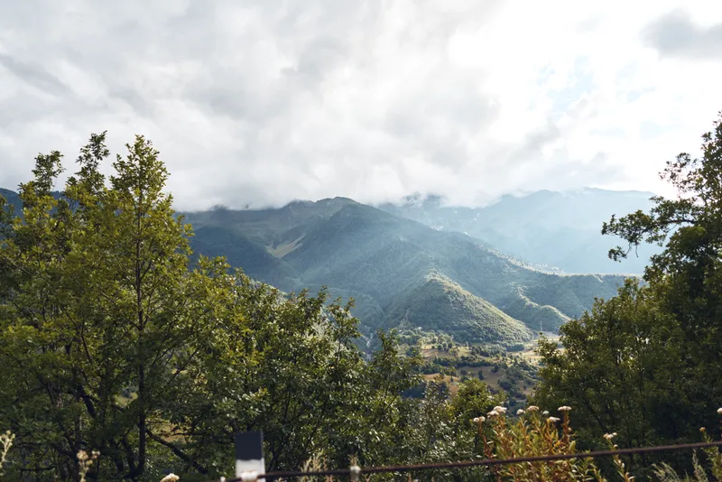 Majestic mountain landscape with lush trees in the foreground and rolling ridges under a cloudy sky, creating a tranquil natural scene ideal for nature, travel, and outdoor content.