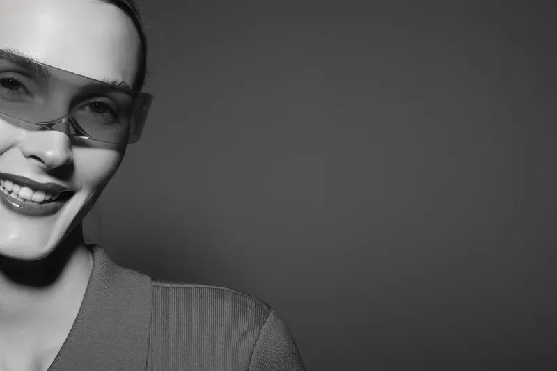 Smiling caucasian woman wearing sunglasses and knitted sweater looks at camera against neutral background portrait.