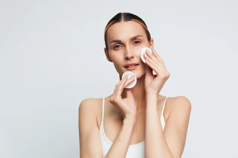 A young woman with clear skin removes makeup using cotton pads on her face against a plain background. The image represents skincare, beauty routine, and self-care concept.