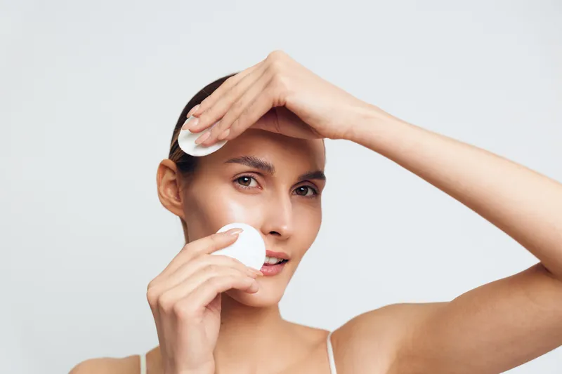 Young woman with brunette hair gently removes makeup with cotton pads on a clean white background, expressing calmness and skincare routine in a bright studio setting.