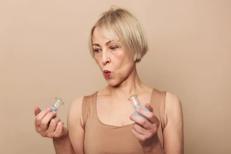 Blonde woman in beige top examines two small blue containers with curiosity and surprise on neutral background. Concept of decision making, choice, and uncertainty in everyday life.