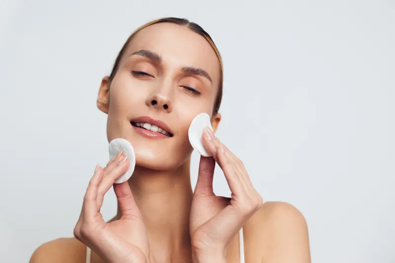 Woman skincare beauty cotton face spa routine closeup portrait, young female applies cotton pads for cleansing, smooth skin and hydration, calm spa relaxation, minimal white studio background