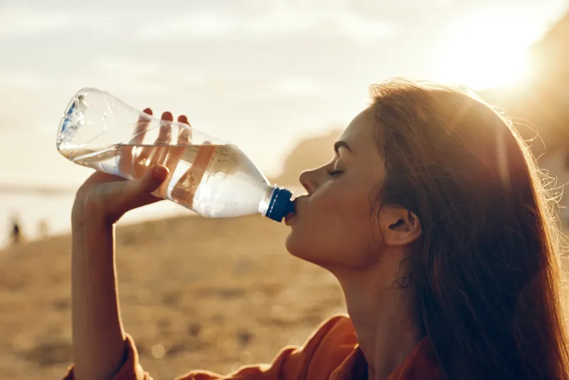 Young woman with long brown hair drinks water from a plastic bottle outdoors during golden hour, enjoying a refreshing moment in warm sunlight at the beach.