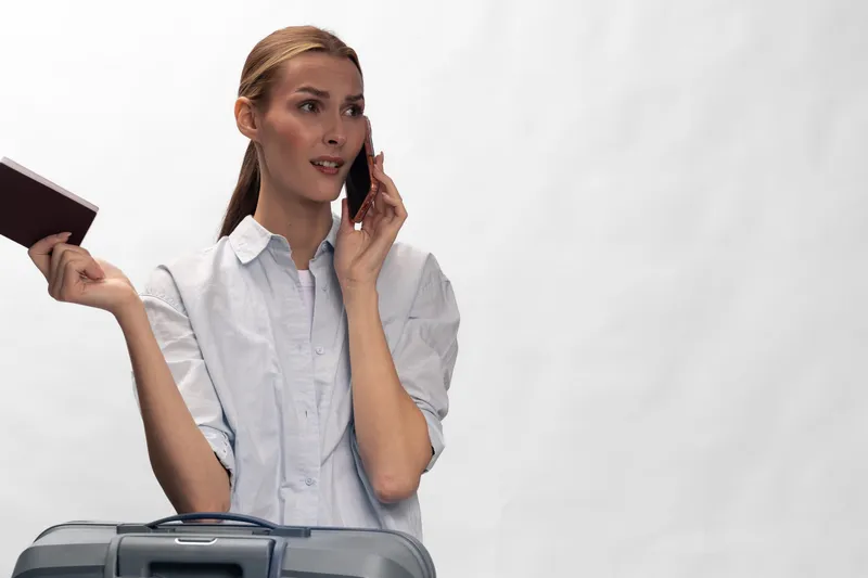Young woman holding passport talking on phone with suitcase in front of white background, travel planning and communication concept.