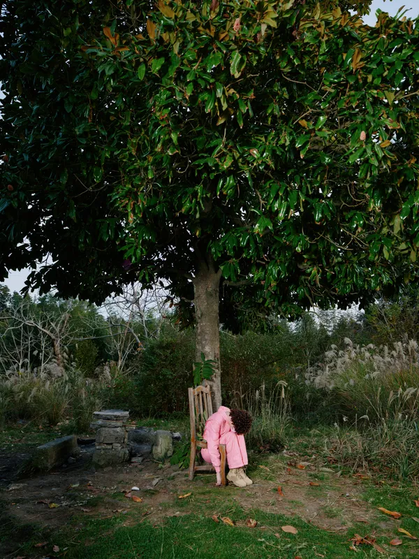 Child, girl, tree, outdoor, sitting, garden, pink, chair in a quiet yard, capturing a moment of innocence and calm under a leafy shade, with soft light and rustic surroundings for a tranquil scene