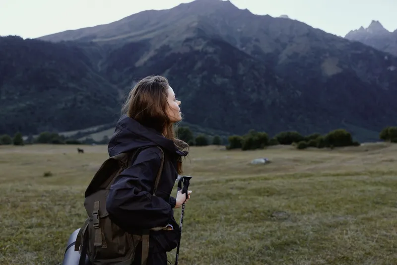 A solitary hiker surveys a vast alpine meadow, gazing toward rugged peaks under a clear blue sky. She carries a backpack and trekking poles, ready for adventure.