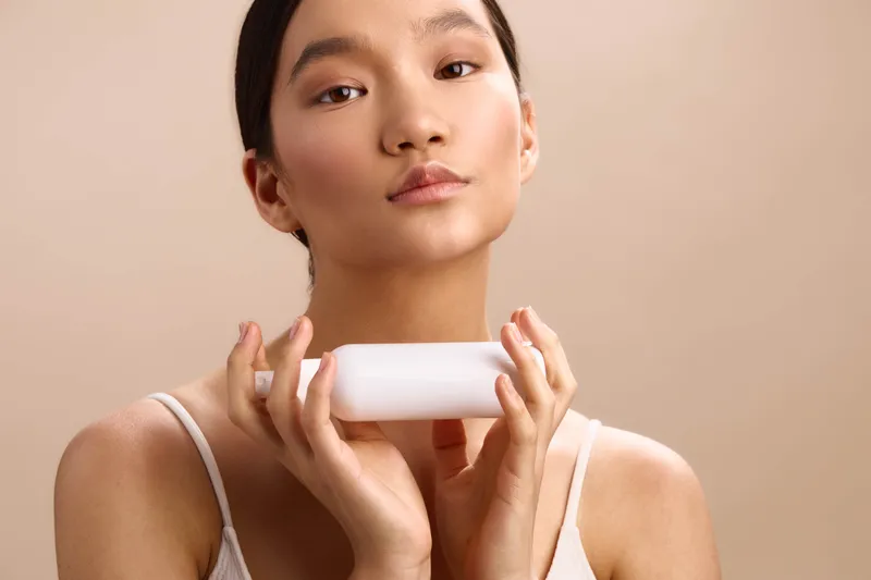 asian woman holds a soap bar near her face in a clean studio setting, smiling softly and exuding calm. the simple composition highlights skincare routine, natural beauty, and a calm, modern lifestyle.