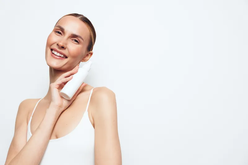 Woman smiling in clean studio portrait, holding a white towel at her neck, gentle skincare beauty for spa wellness, soft light, relaxed posture, minimal white background, copyspace