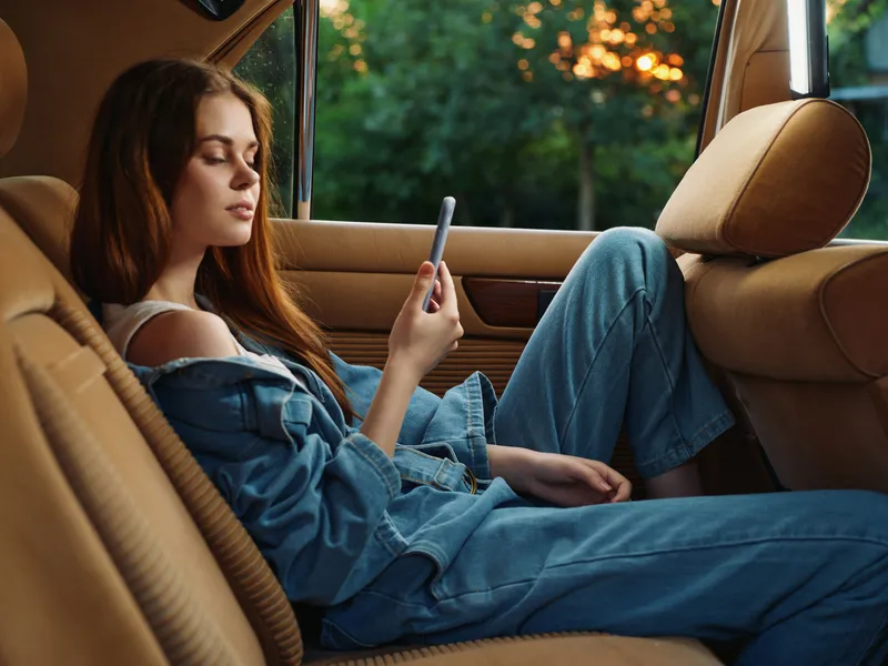 Young woman in casual denim outfit sitting in a car, browsing on her smartphone during golden hour, with a serene expression against a lush green background.