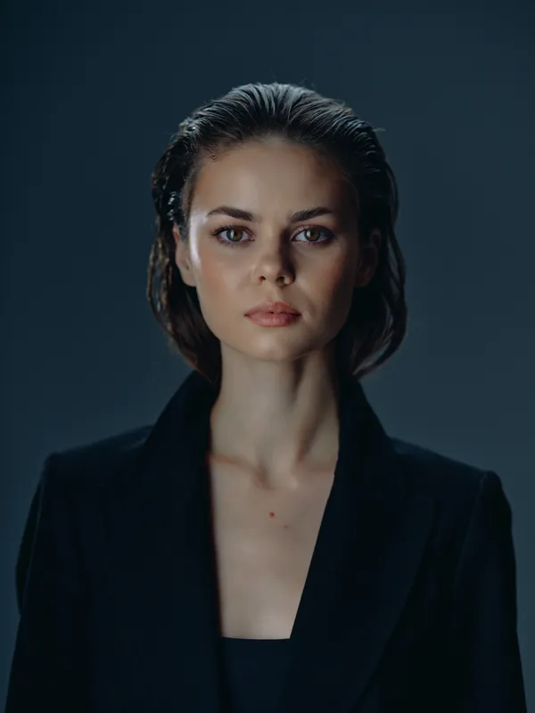 serious woman portrait with wet hair in dark jacket, calm expression, studio lighting, blue background, elegant style