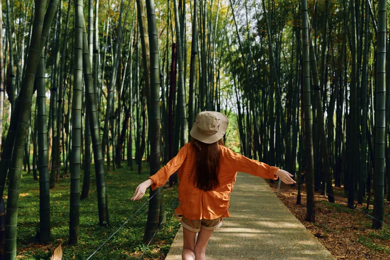 girl bamboo forest path hat orange walking nature traveler with arms outstretched on wooden trail, back view, sunlight filtering through tall green stalks for peaceful outdoor exploration