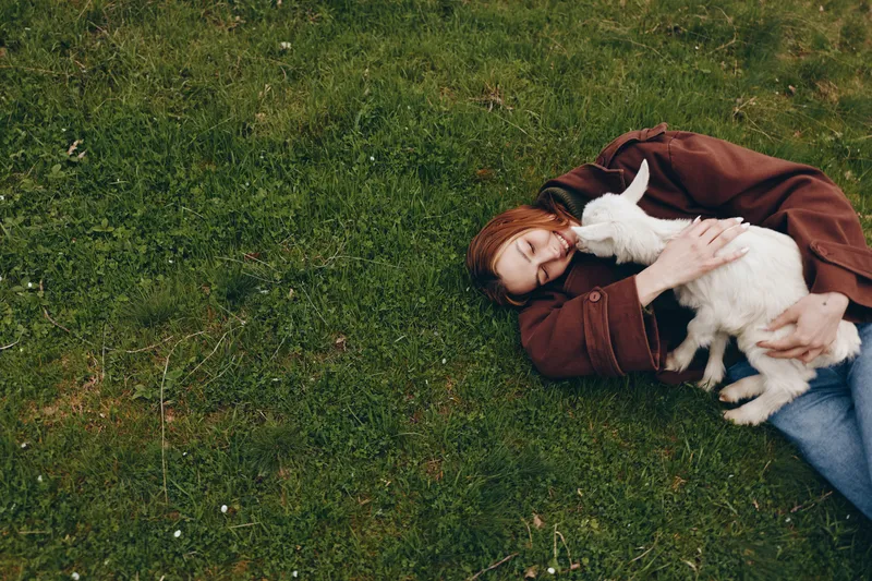A relaxed lifestyle scene with a woman lying on grass, embracing a young goat in a sunny meadow, conveying companionship, care, and rural comfort and connection.