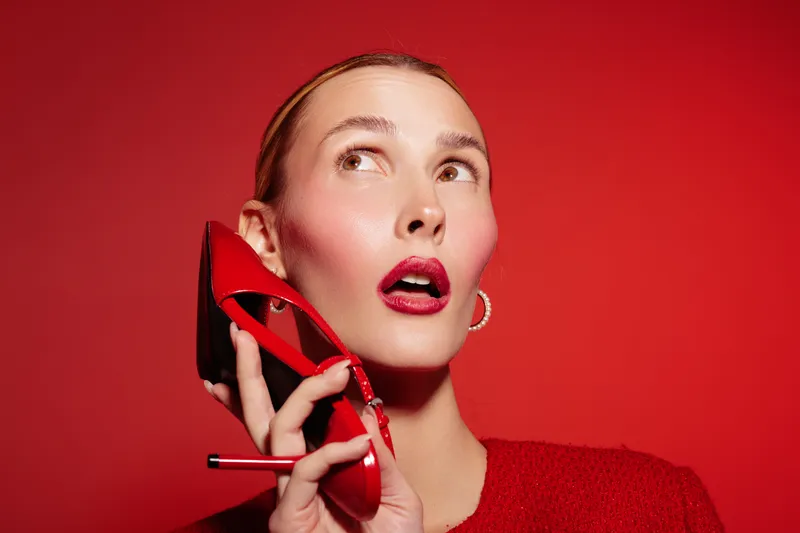 Young woman with red lipstick holds red high heel shoe near face on red background. Concept of fashion, beauty, and creative portrait with vibrant colors and stylish mood.