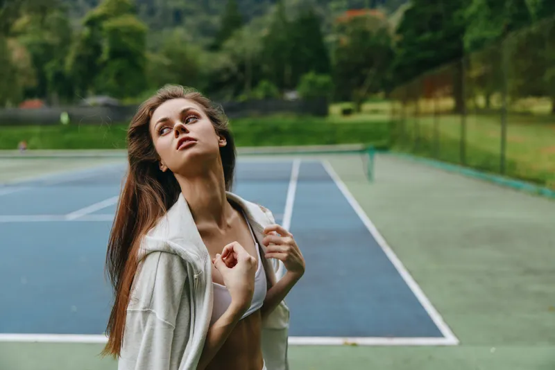 Young woman in athletic wear on tennis court, expressing confidence and vitality with natural surroundings reflecting health and active lifestyle