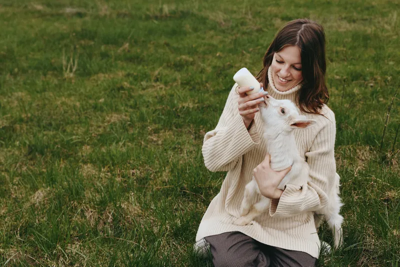 Young woman in a cozy sweater feeds a baby goat with a bottle while sitting on green grass in a natural outdoor setting, enjoying a peaceful lifestyle moment.