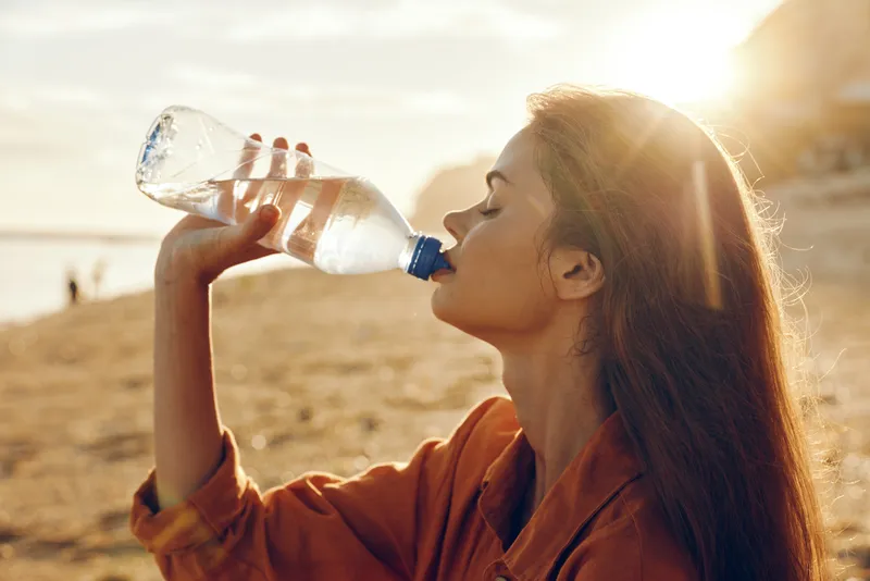 Young woman drinking water from a water bottle outdoors in warm bright sunshine, focused expression, hydration and thirst relief concept, healthy lifestyle, summer exercise in nature