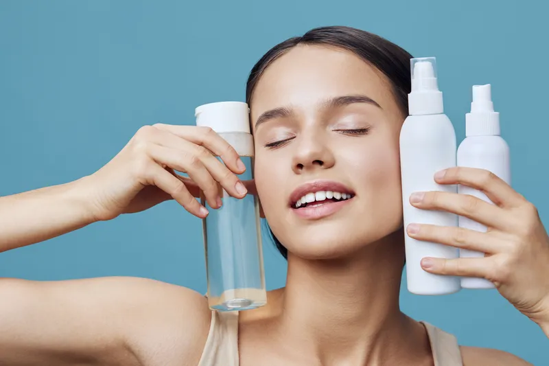 Young woman enjoying skincare products, showcasing natural beauty and freshness with hydration in a pastel blue background