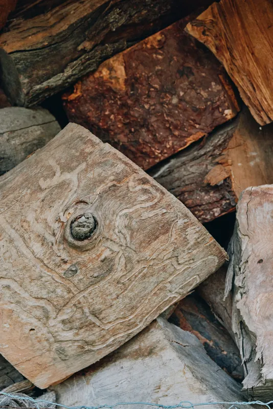 Firewood stacked wood pile bark wood texture knot rustic seasoned logs timber closeup, aged outdoor rural backyard fuel for fireplace with warm autumn atmosphere and cozy vibe.