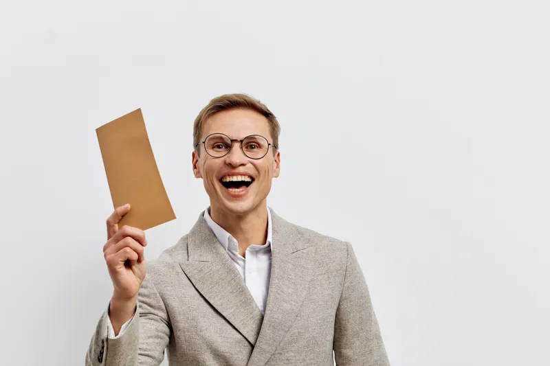 Smiling mature man with glasses holding a blank brown envelope in hand, dressed in a beige suit, expressing happiness and confidence in a studio setting with a plain white background. Business and com