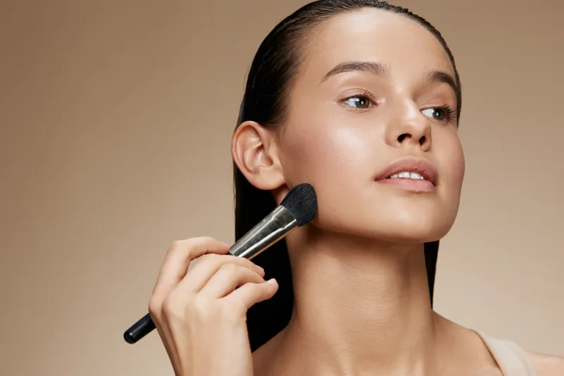 Young woman applying makeup with a brush, showcasing natural beauty and confidence, against a soft neutral background