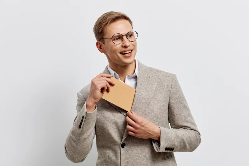 Smiling young caucasian man in glasses and gray suit holding a beige notepad, looking away, cheerful expression, professional business attire, indoor studio shot, light neutral background. People life