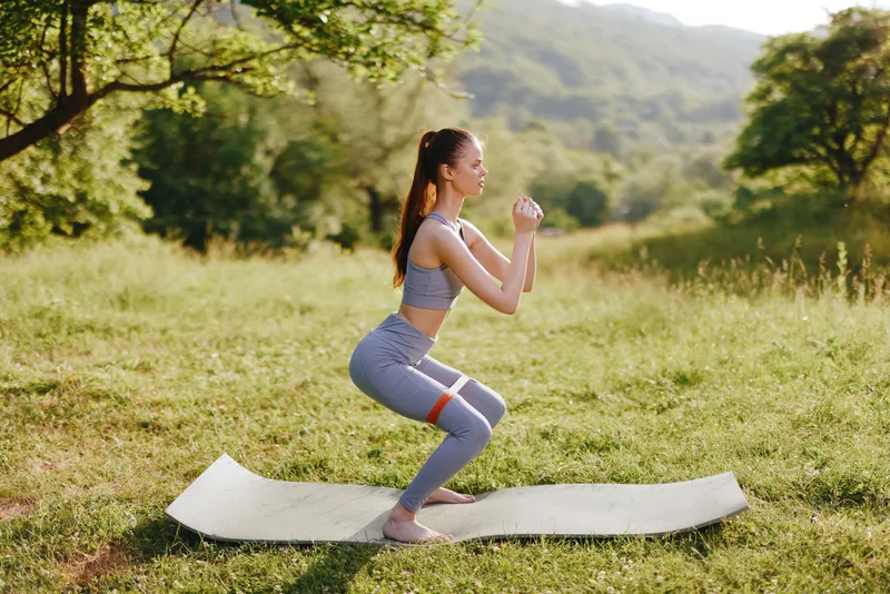 Young woman exercising outdoors in activewear, showcasing a squat on a yoga mat in nature, promoting fitness and a healthy lifestyle