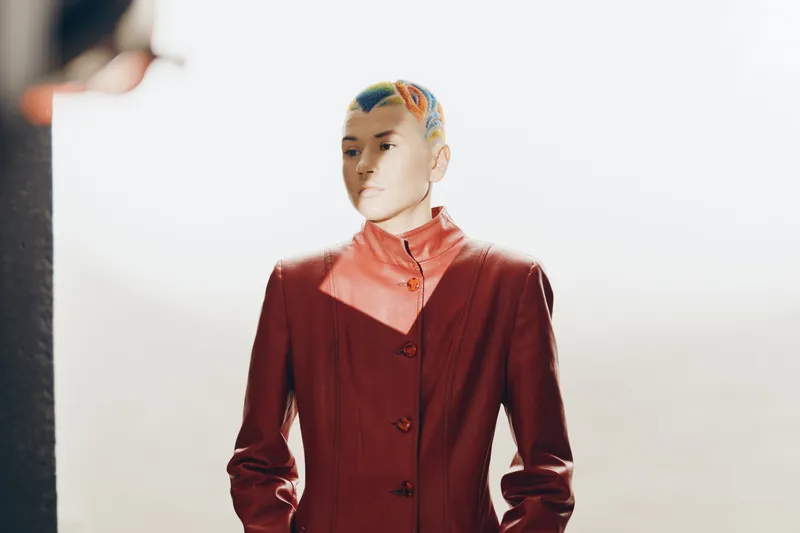 woman with colorful short hair wearing a red leather jacket standing in soft sunlight against a minimalist bright background, modern fashion style