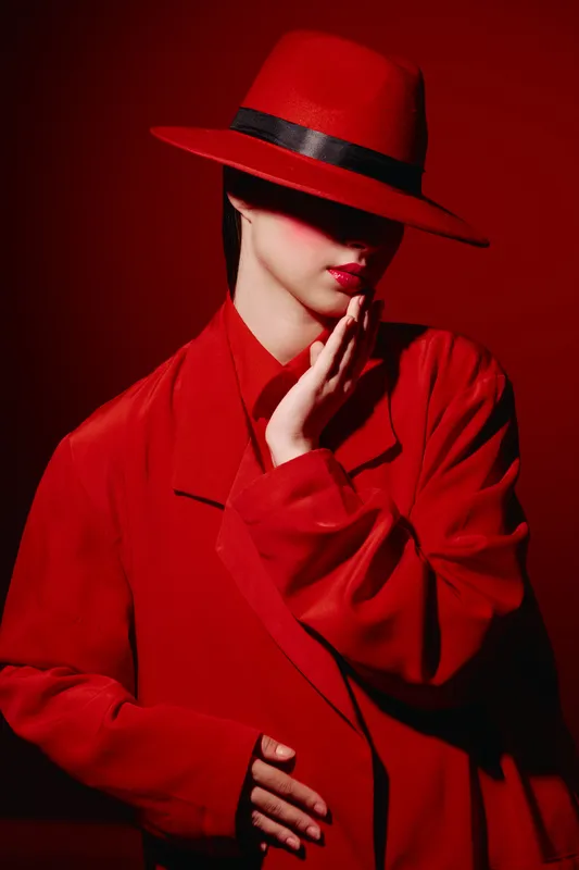 Portrait of fashion woman in bold red hat and coat standing against red background. Her face is partly hidden, hand near lips adding mystery. Concept of beauty and creative fashion.