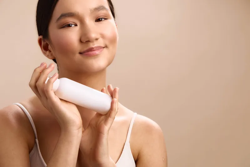 asian woman holds a skincare bottle near her cheek in a clean studio setting, soft lighting and relaxed smile convey skincare confidence, beauty wellness vibe.