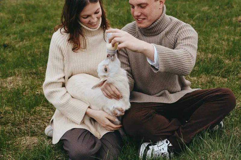 Couple outdoors feeding a rabbit, a gentle animal moment with cozy sweaters, sunlit grass creates a warm lifestyle scene of care, affection, and shared happiness.