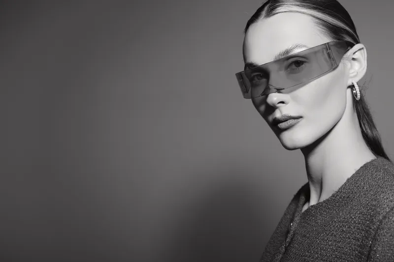 White woman with fair skin wears transparent sunglasses and textured sweater, posing in studio with side lighting. Concept of fashion, style, and modern beauty portrait.