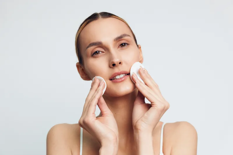 Woman skincare routine, washing face with cotton pads, hygiene and beauty portrait, studio light, hands on cheeks, calm expression, smooth skin texture, neutral background