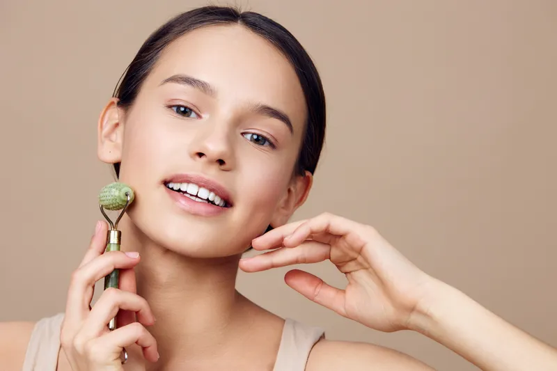 Young woman using a jade roller for facial care, showcasing natural beauty with a calm expression against a soft beige background, emphasizing skincare and wellness
