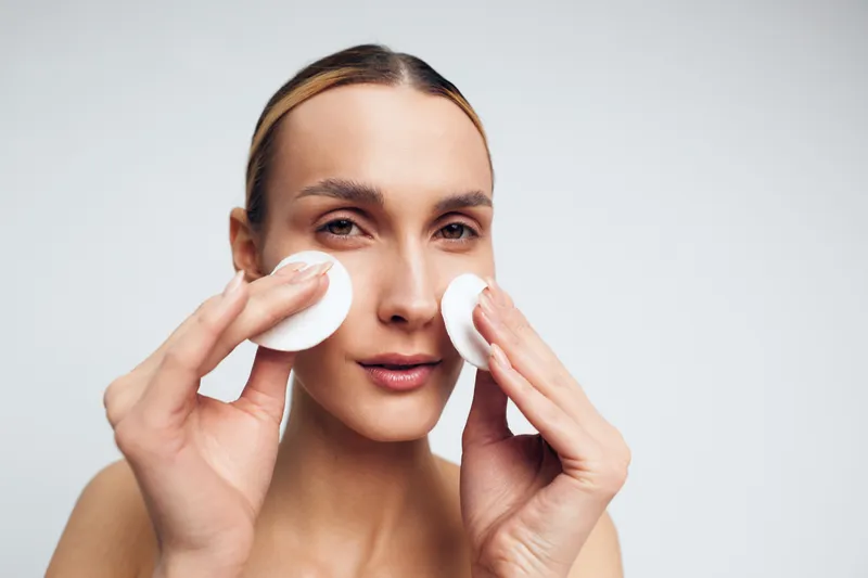 Young woman cleansing face with cotton pads, skincare routine, fresh skin, natural beauty, closeup portrait, minimal makeup, white background, self care moment