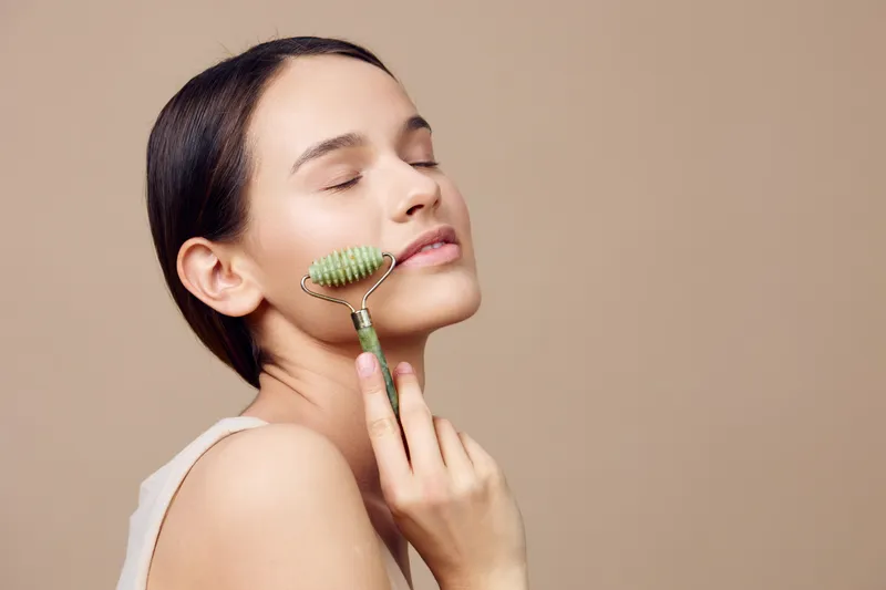 Young woman applying jade roller on her face, promoting skincare routine and relaxation, in neutral tones for a calming effect